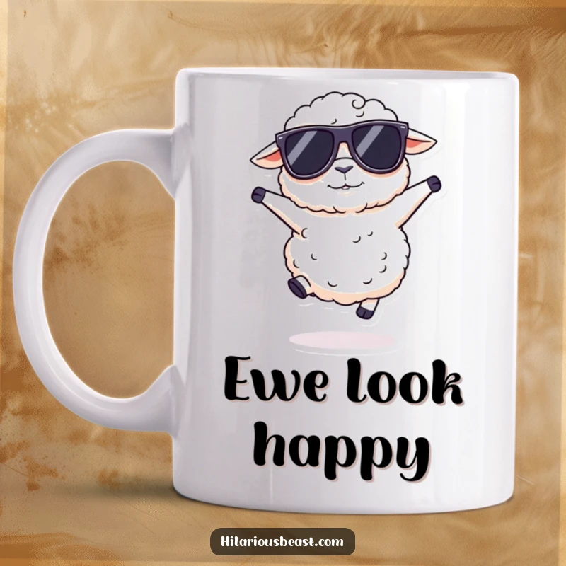 Funny fluffy sheep mug wearing oversized sunglasses, doing a silly hop, radiating cool confidence and playful energy.