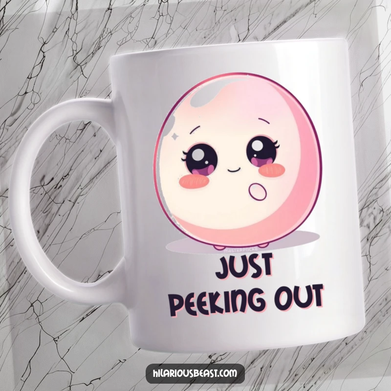 Funny mug showing a shy blob with sparkly eyes peeking from behind a huge, wiggling jellybean, embodying cute and humorous bashfulness.