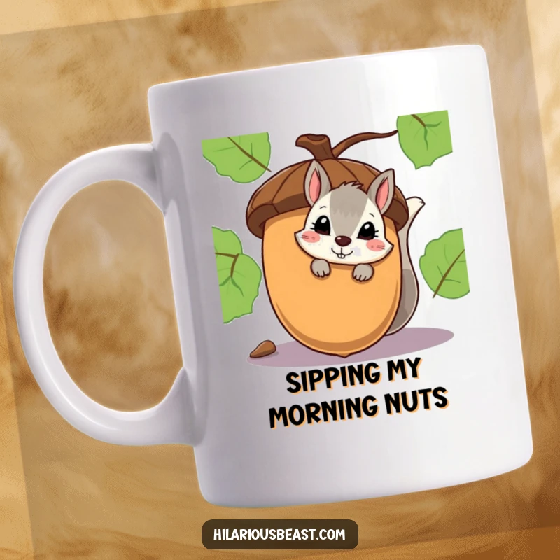 Funny mug featuring a shy squirrel peeking from behind a giant acorn with a mischievous smirk.