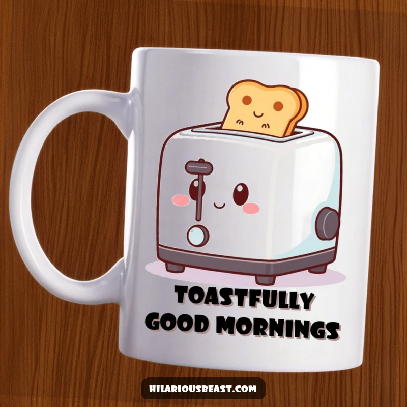 Funny mug featuring a square toaster with a happy face, joyfully popping out toast using a spring, symbolizing breakfast delight.