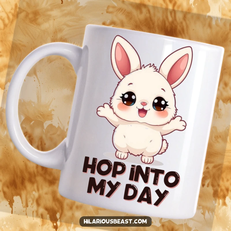 Funny fluffy bunny mug, a character with big eyes bouncing joyfully, radiating pure happiness and adorable energy, perfect for a delightful, funny gift.