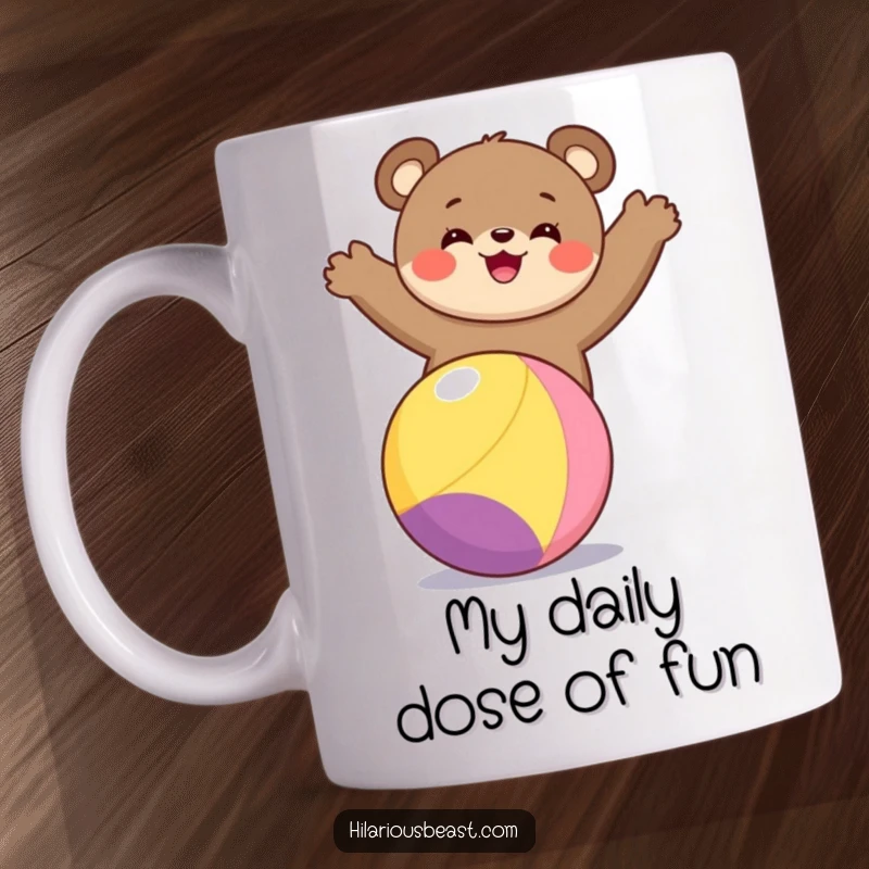 Funny bear cub mug illustration of a happy bear cub expertly balancing on a vibrant, multi-colored ball with a look of pure delight.