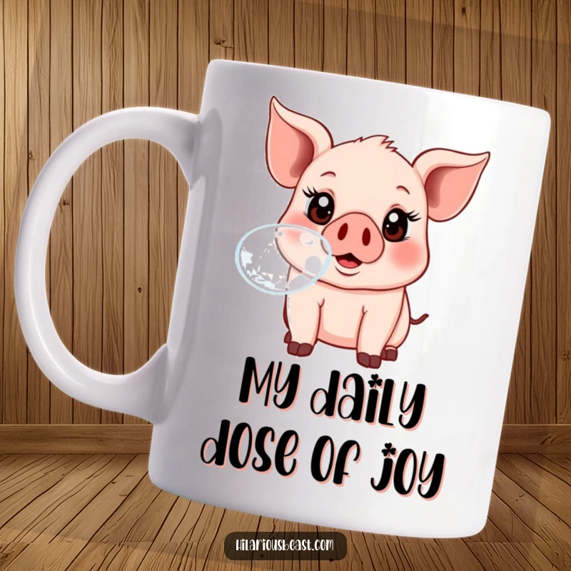 Funny piglet blowing a giant bubble with wide, excited eyes, looking utterly delighted and playful on a ceramic mug.