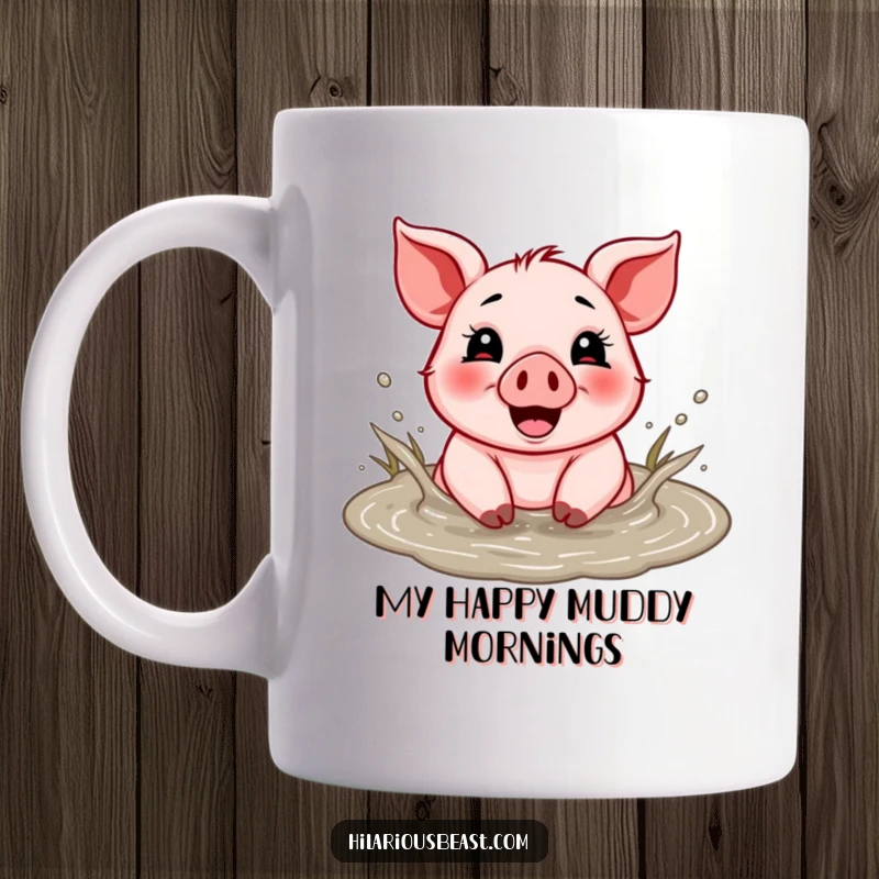 Funny mug featuring a cheerful piglet gleefully splashing in a muddy puddle, radiating happiness.