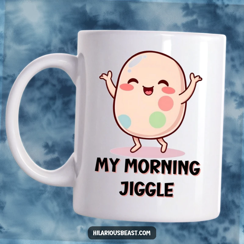Funny mug showcasing a plump, wobbly jelly bean character performing a comical and energetic silly dance with pure joy.