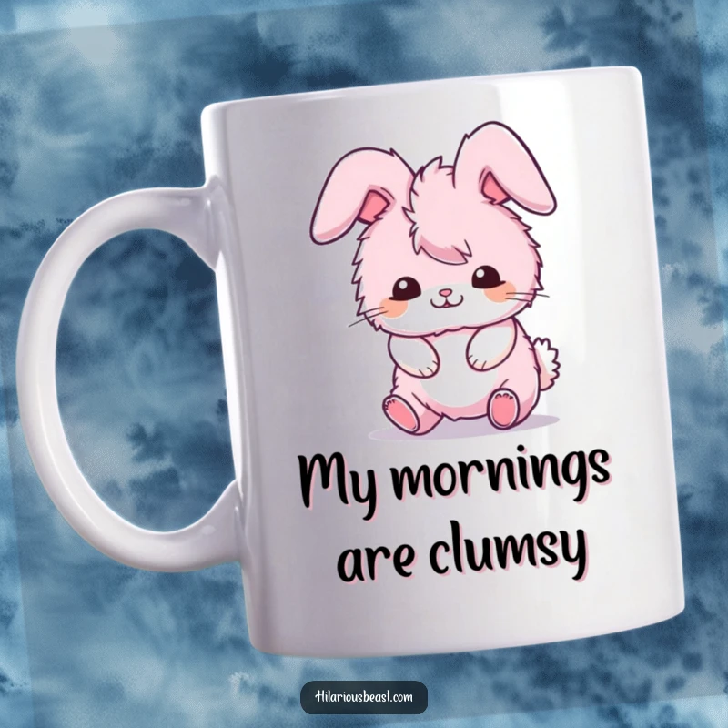 Funny mug featuring a fluffy pink bunny comically tripping over its own ears, a cute funny gift.