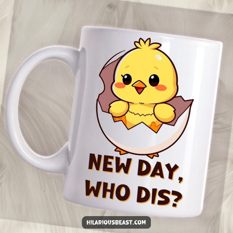 Funny yellow chick peeking out of a cracked egg, looking surprised and happy, on a cheerful mug.
