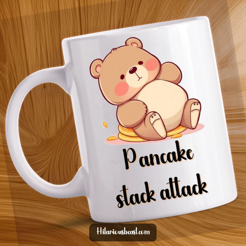 Funny bear mug, a chubby bear tripping playfully, with a stack of pancakes comically askew, looking endearingly clumsy and happy.