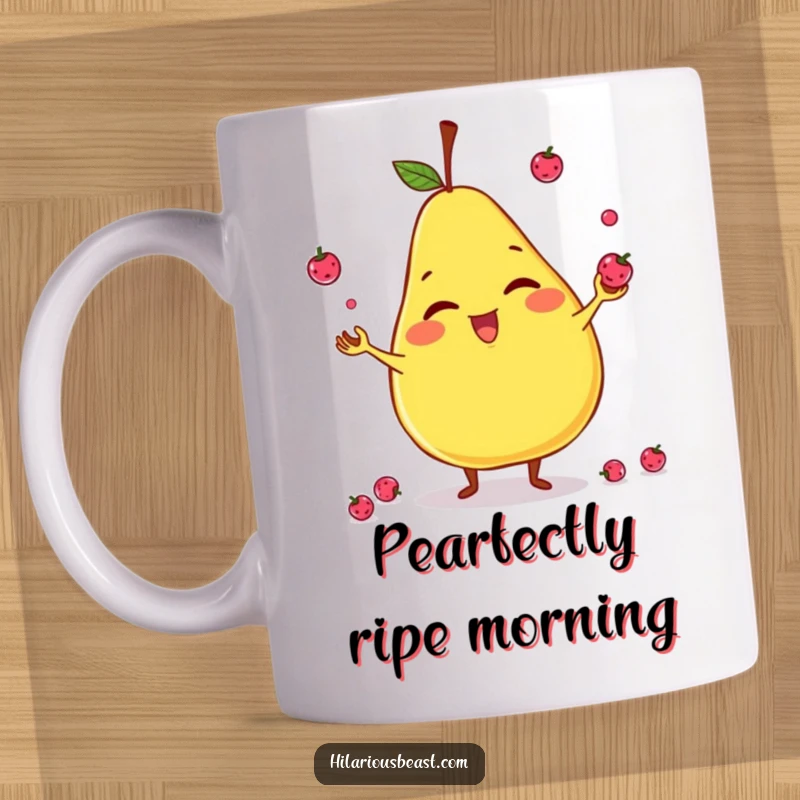 Funny mug depicting a giggling, slightly lopsided pear character expertly juggling tiny, colorful berries with amusement.