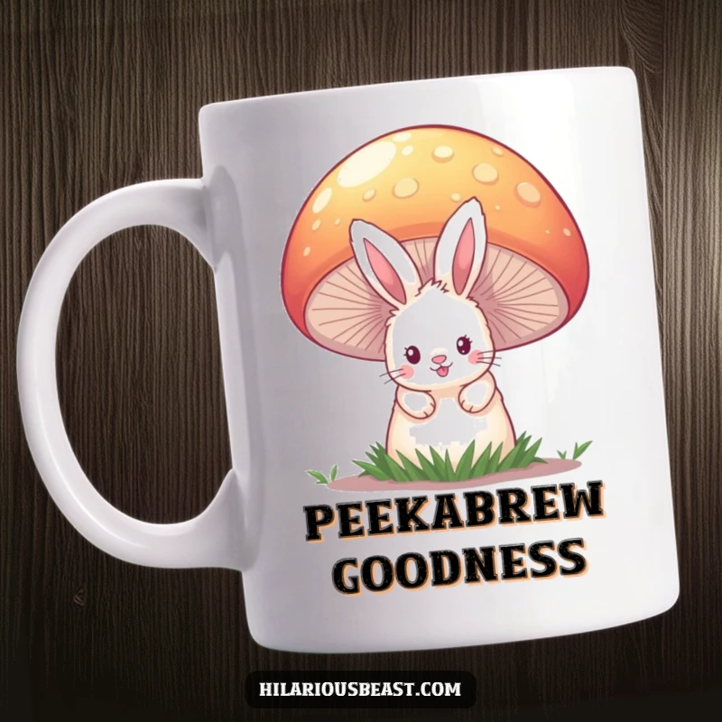 Funny mug with a fluffy bunny peeking from behind a giant, colorful mushroom, evoking a sense of playful wonder and nature's magic.