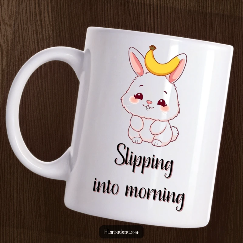 Funny bunny mug, a fluffy bunny wiggling its nose mischievously, with a tiny banana peel perched comically on its head.