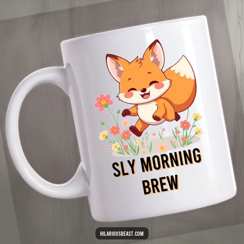 Funny smiling fox mug, a character leaping joyfully through a field of flowers, radiating happiness and playful energy, perfect for a delightful, funny gift.