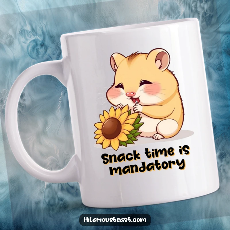 Funny contented hamster cub munching on a sunflower seed, happy and adorable, perfect funny mug gift.
