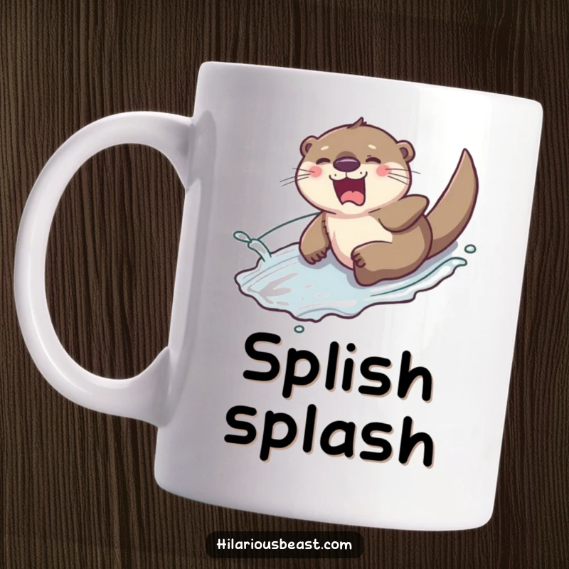 Funny giggling otter sliding down a slippery hill with a splash of water, printed on a mug, radiating pure, playful amusement.
