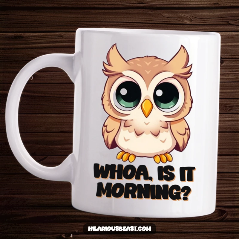 Funny mug of a curious owl with comically enormous eyes, looking utterly surprised and wide-eyed in a humorous way.