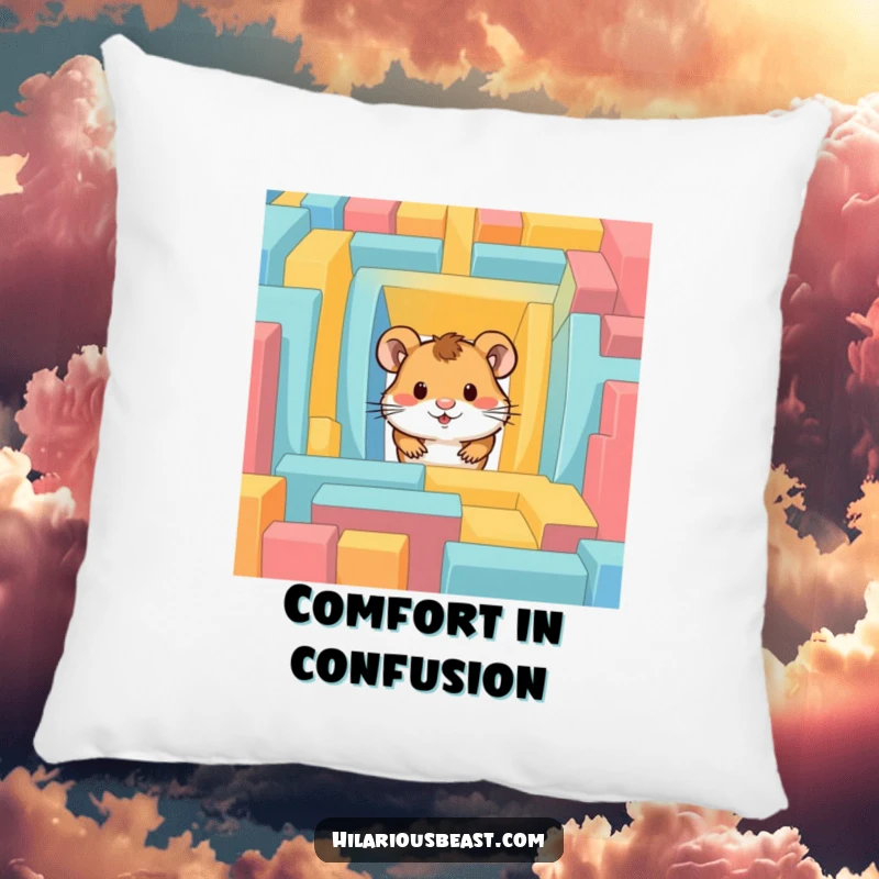 Funny hamster pillow featuring a curious hamster peeking out of a colorful maze, perfect for cozying up.