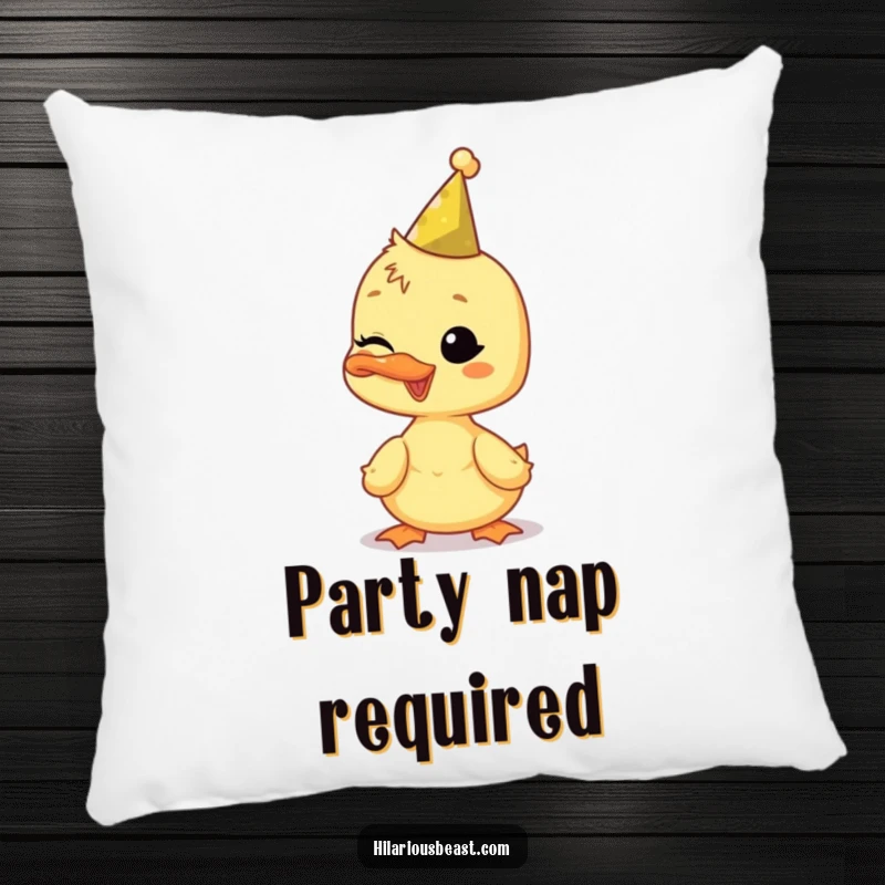 Funny duckling pillow, comfortably wearing a tiny party hat and winking, perfect for adding humorous comfort.