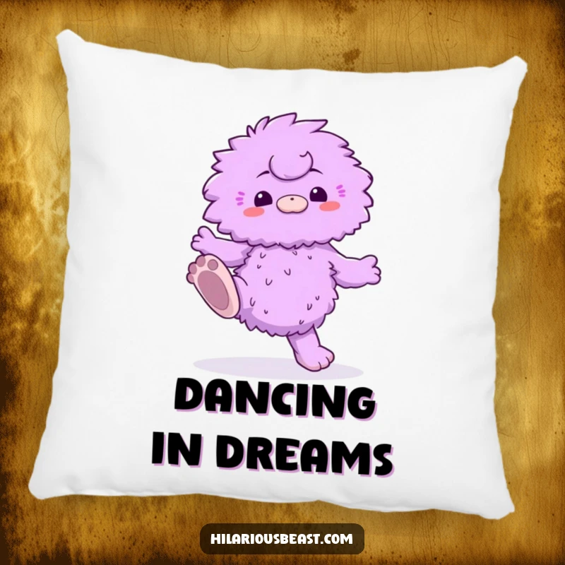Funny pillow depicting a fluffy purple creature with oversized feet doing a silly dance, providing comfort and a humorous visual.