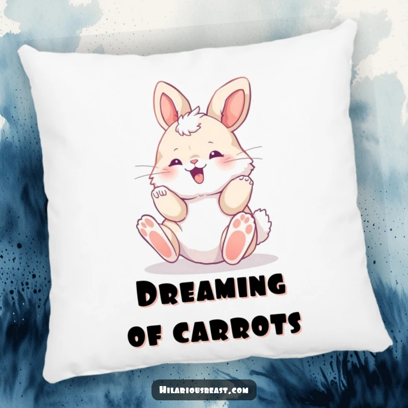 Funny fluffy bunny cub rolling with pure delight, paws in the air, soft decorative pillow, bringing cozy comfort and playful charm.
