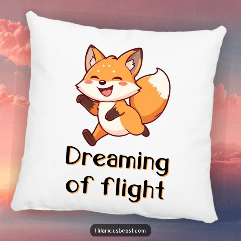 Funny kawaii fox pillow featuring a grinning fox mid-leap with a wagging tail, embodying playful comfort and cheerful decor.