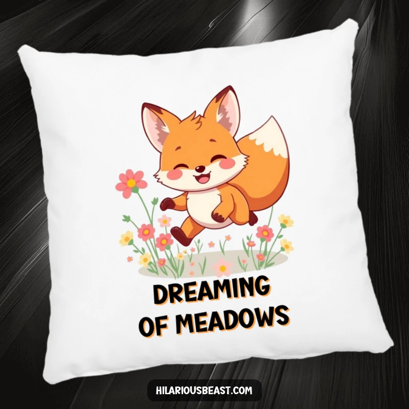 Funny smiling fox pillow featuring a character leaping joyfully through a field of flowers, offering soft comfort and a touch of playful, humorous charm.