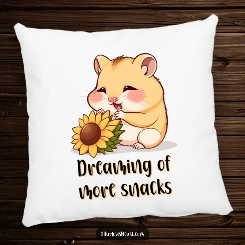 Funny hamster cub munching a sunflower seed, soft accent pillow, cute pet decor.