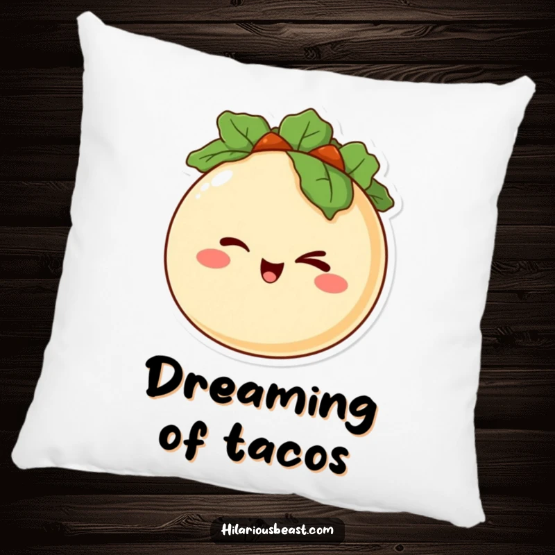 Funny pillow featuring a happy, round taco character winking mischievously, providing comfort with a side of flavorful laughs.