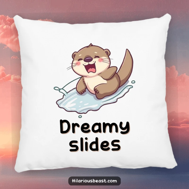 Funny giggling otter sliding down a slippery hill with a splash of water, featured on a soft pillow, adding a touch of cozy amusement.