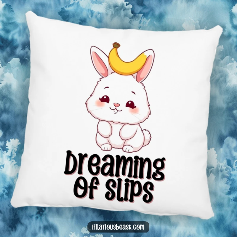 Funny bunny pillow, a fluffy bunny wiggling its nose with a tiny banana peel on its head, soft and inviting for cozy, humorous moments.