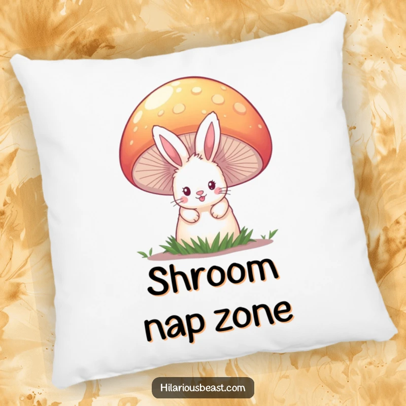 Funny decorative pillow with a fluffy bunny peeking from behind a huge, colorful mushroom, offering comfort and a touch of woodland humor.