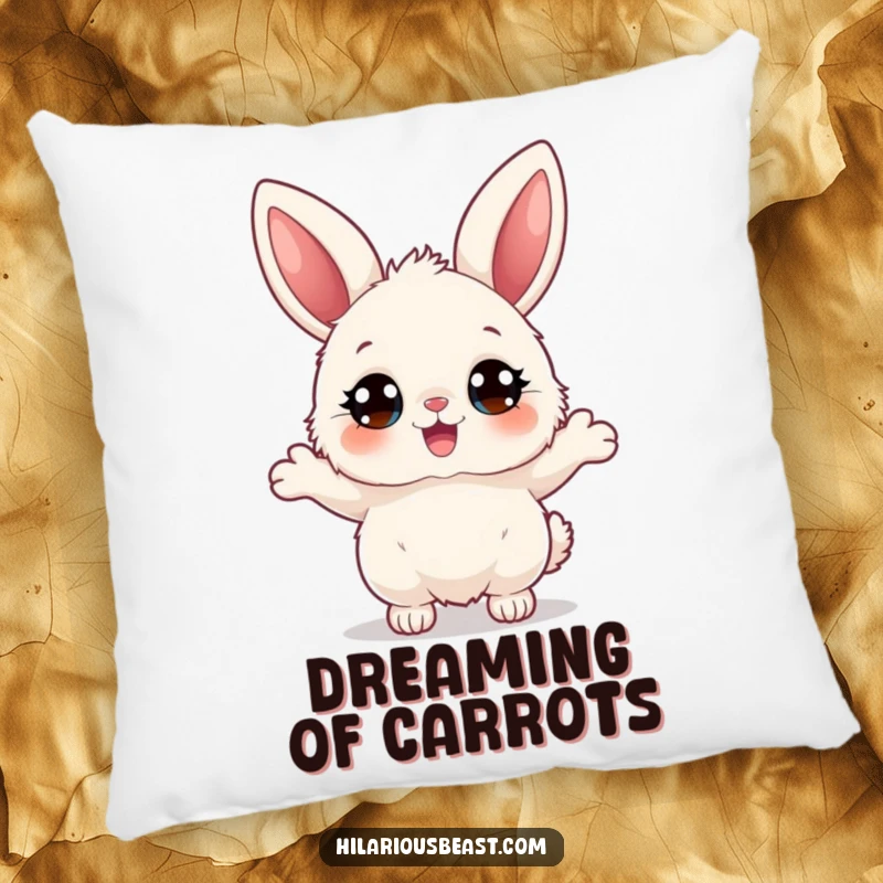 Funny fluffy bunny pillow featuring a character with big eyes bouncing joyfully, offering soft comfort and a touch of adorable, humorous charm.