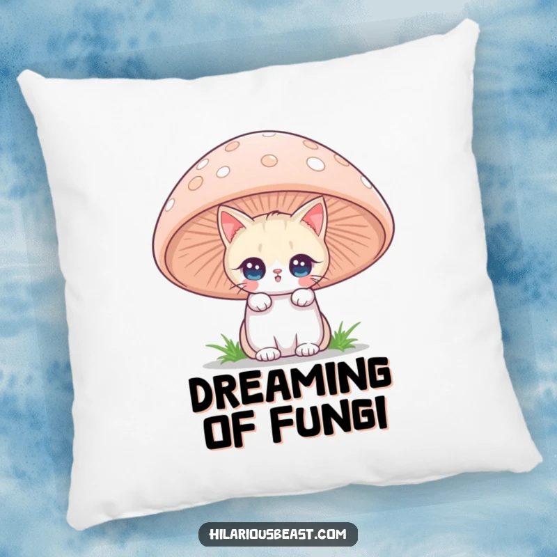 Soft pillow showcasing a funny cat with twinkling eyes peeking from a giant mushroom, ideal for cozy whimsy and a cute funny gift.