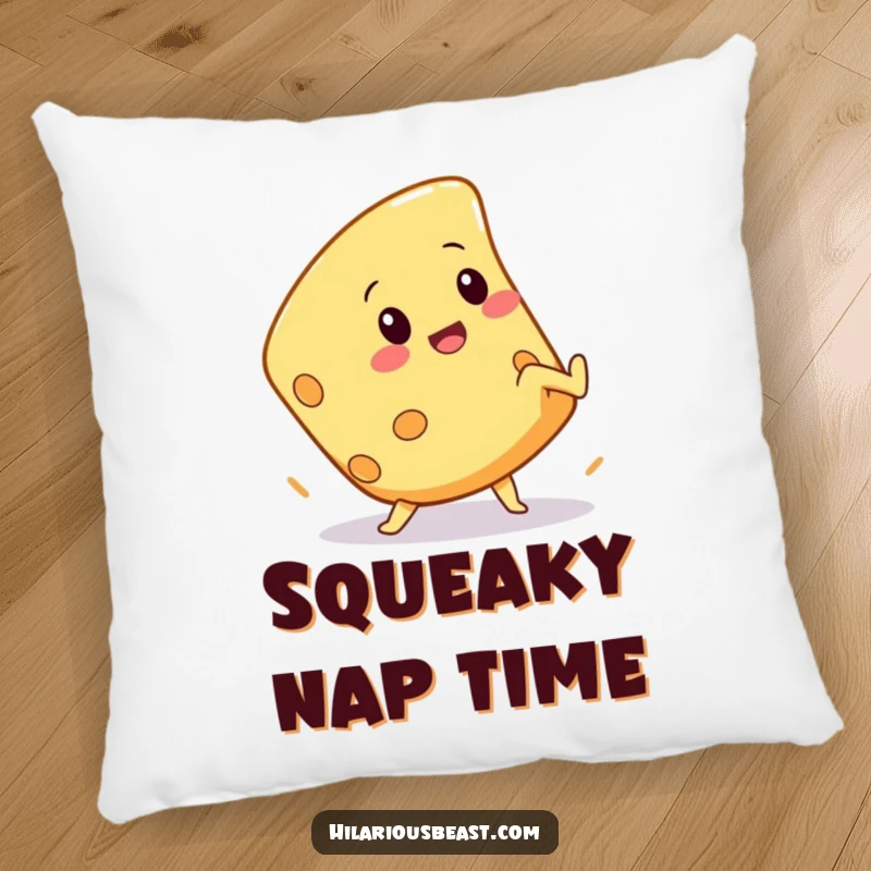 Funny pillow featuring a squeaky cheese wedge character attempting a comical cartwheel, providing comfort with a side of dairy laughs.
