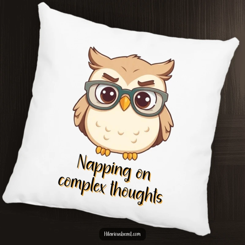 Funny owl with big glasses, head tilted, a confused owl on a soft pillow for decor.