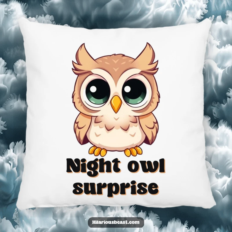 Funny pillow featuring a curious owl with enormous eyes looking comically surprised, perfect for adding humorous comfort.