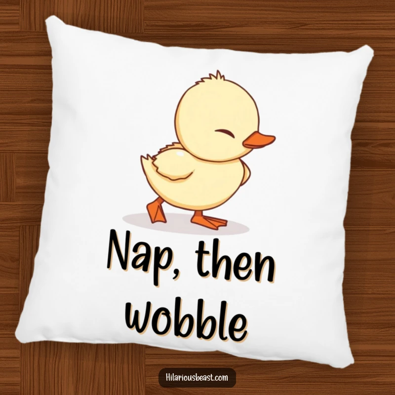 Funny Duckling Pillow: a plush cushion featuring a small, waddling duckling adorably tripping over its feet.