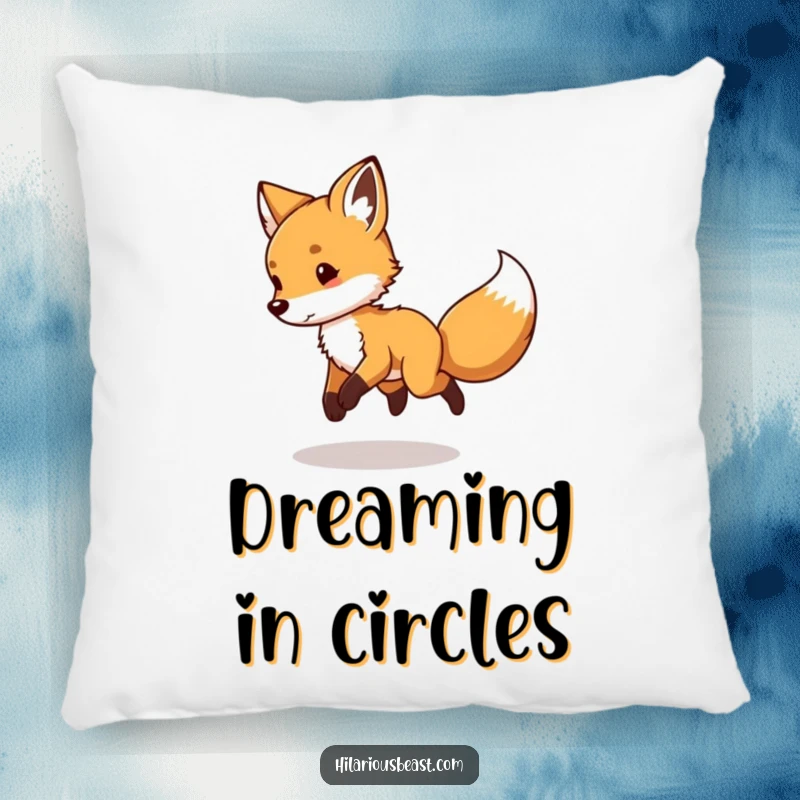 Funny Fox Cub Pillow: a plush cushion with a playful fox cub spinning in circles chasing its tail.