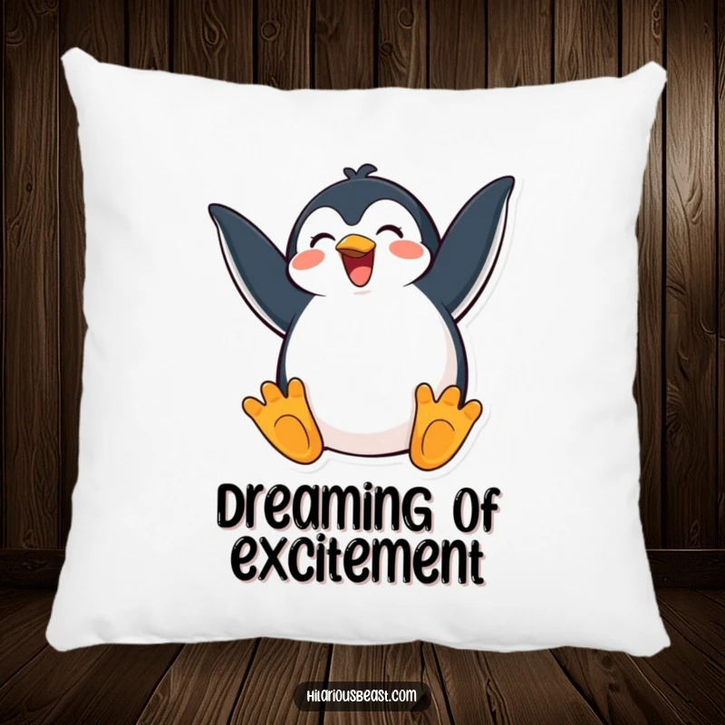 Funny pillow with a happy penguin flapping its wings in exaggerated excitement, adding a touch of joy to any seating.
