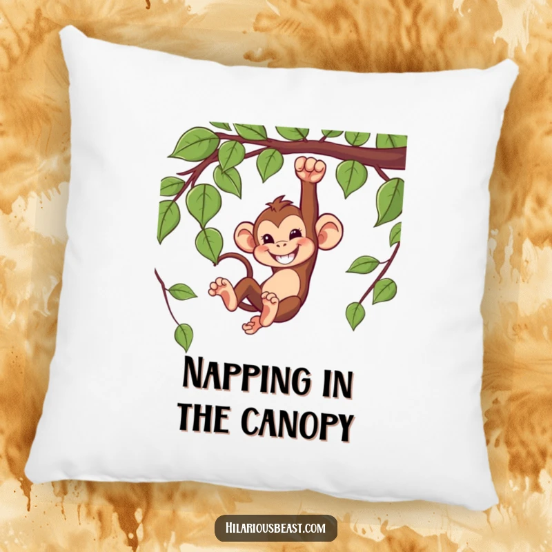 Funny pillow featuring a mischievous monkey swinging from a vine with a grin, perfect for comfort.
