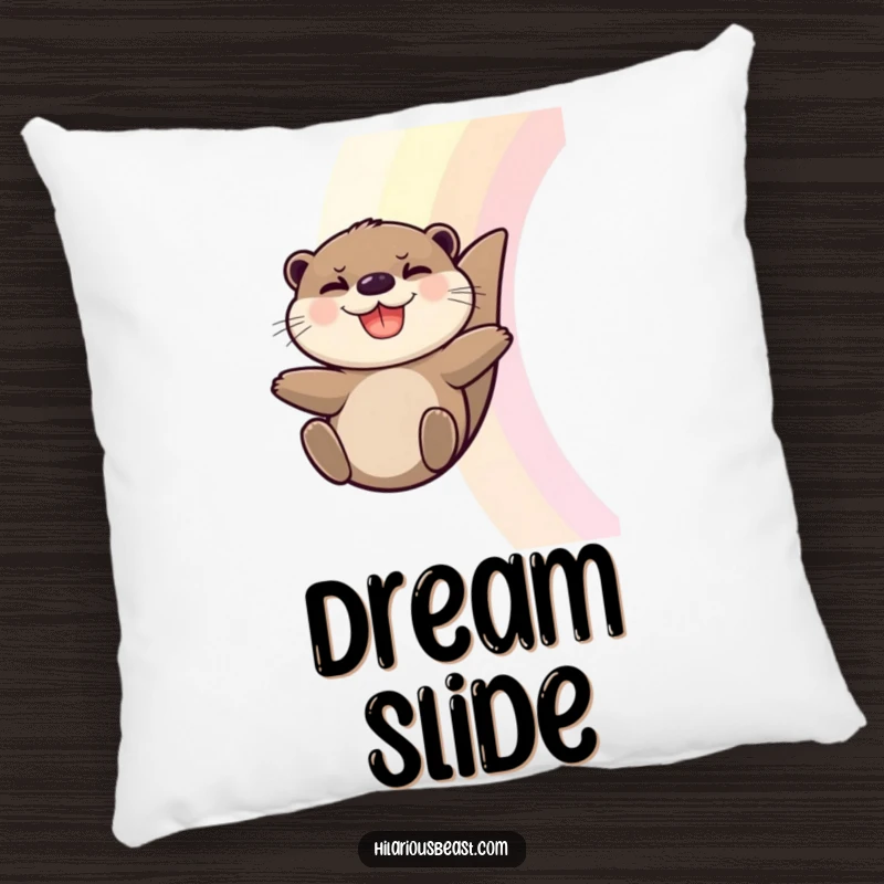 Funny Otter Pillow: Soft cushion featuring a grinning otter sliding down a rainbow, perfect for decor.