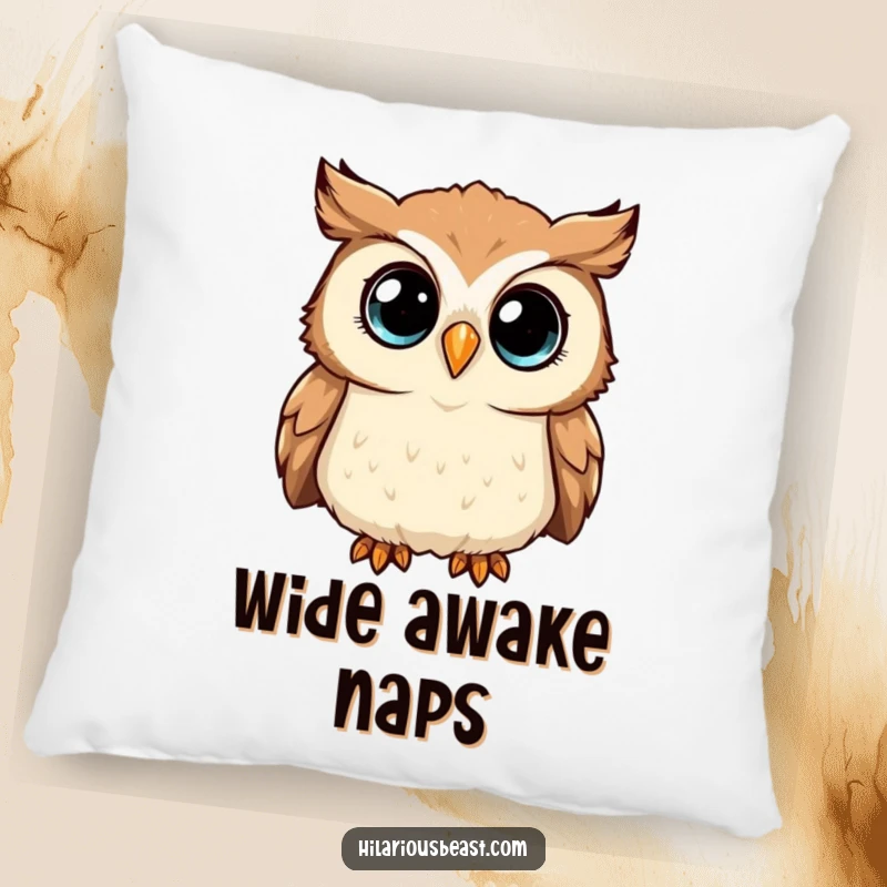 Funny Pillow showcasing a curious owl tilting its head, its wide, sparkling eyes adding a whimsical, wise touch.