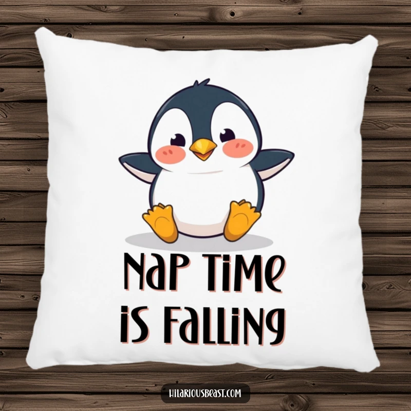 Funny penguin pillow showing a clumsy penguin tripping with wide, surprised eyes, offering comfort and humor.