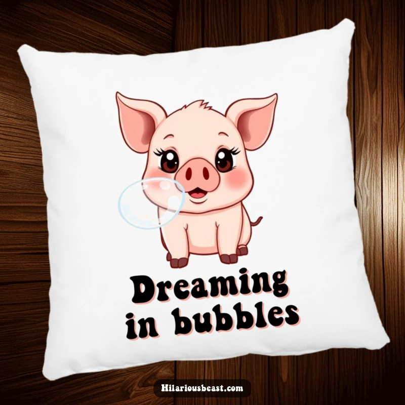 A soft, plush pillow featuring a funny piglet with wide, excited eyes, expertly blowing a big, round bubble.