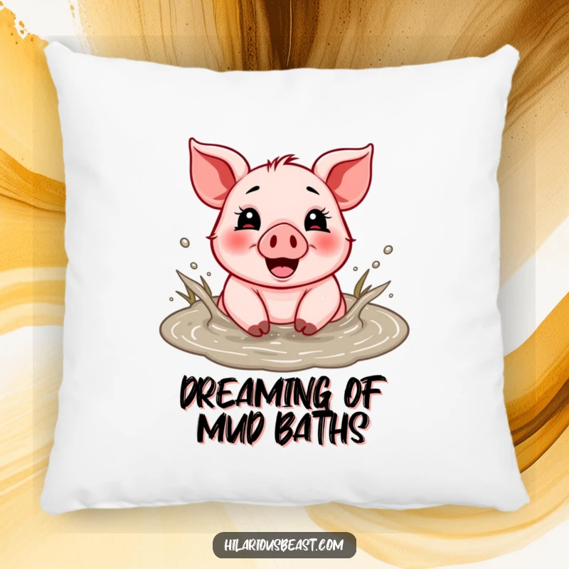 Funny pillow featuring a cheerful piglet splashing with glee in a mud puddle, perfect for comfort.