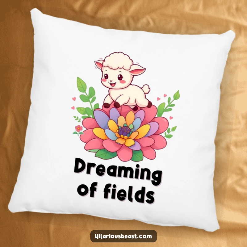 Funny cheerful sheep cub leaping over a flower, soft decorative pillow, embodying cozy comfort and playful, bouncy energy.