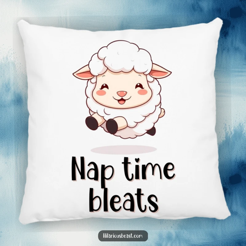 Funny sheep pillow featuring a fluffy sheep with a large silly grin, looking incredibly happy and ready for hugs.