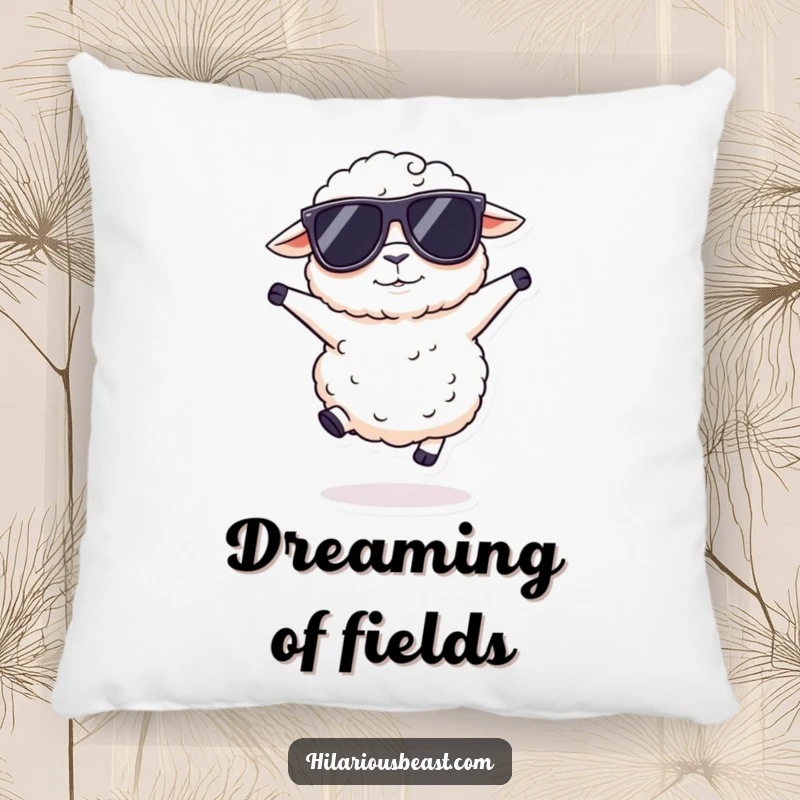 Funny fluffy sheep pillow featuring a soft cushion of a sheep wearing oversized sunglasses, doing a silly hop, radiating cool, hidden joy.