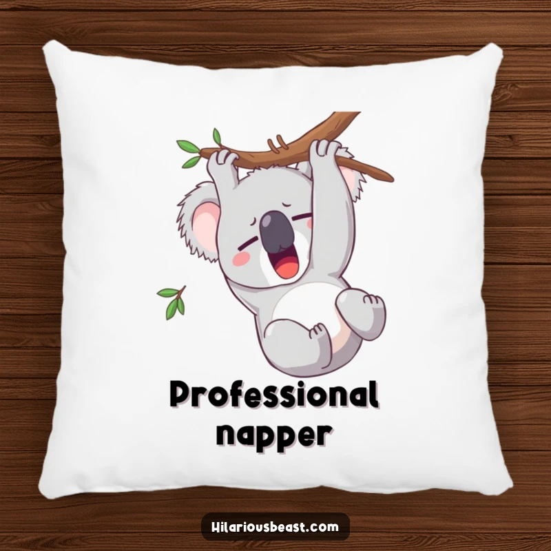 Funny koala pillow with a sleepy character yawning upside down, providing humorous comfort and decor.