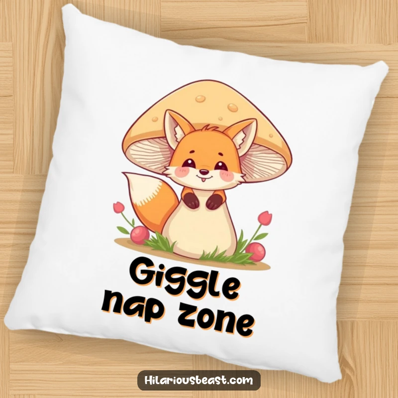 Funny fox pillow showcasing a giggling fox peeking from behind a wobbly mushroom, offering cute and cozy charm.