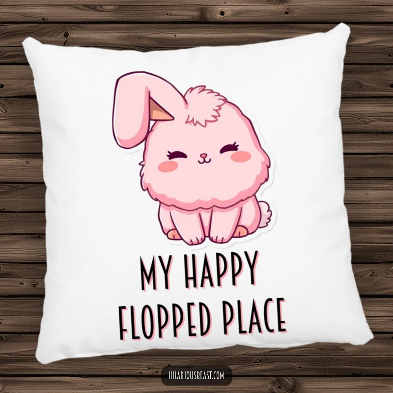 Funny fluffy pink bunny pillow with a single ear flopped adorably, offering cozy comfort and a hint of playful humor. A soft funny friend.